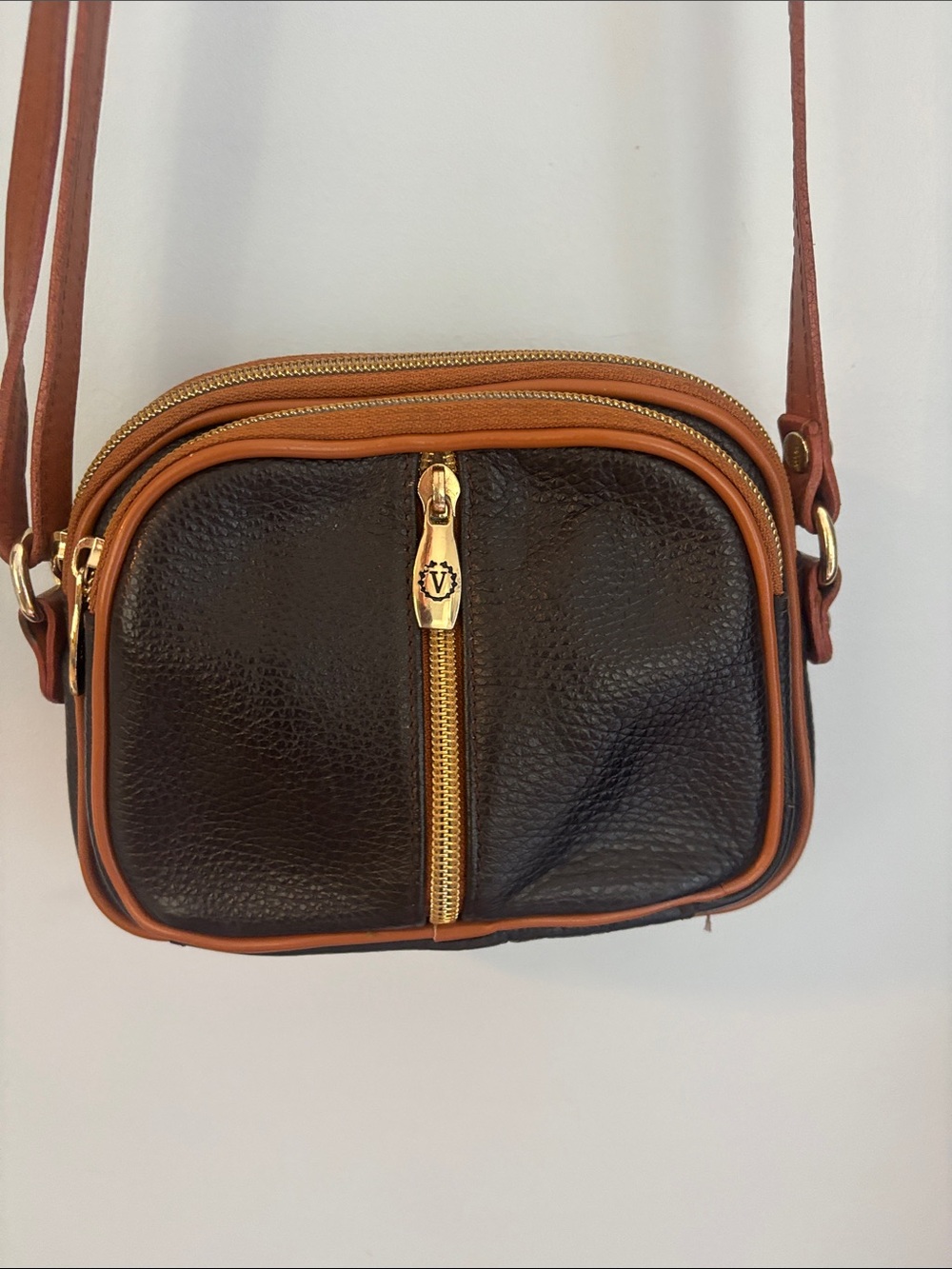 Valentina Dark Brown and Tan Leather Crossbody with Gold Zip